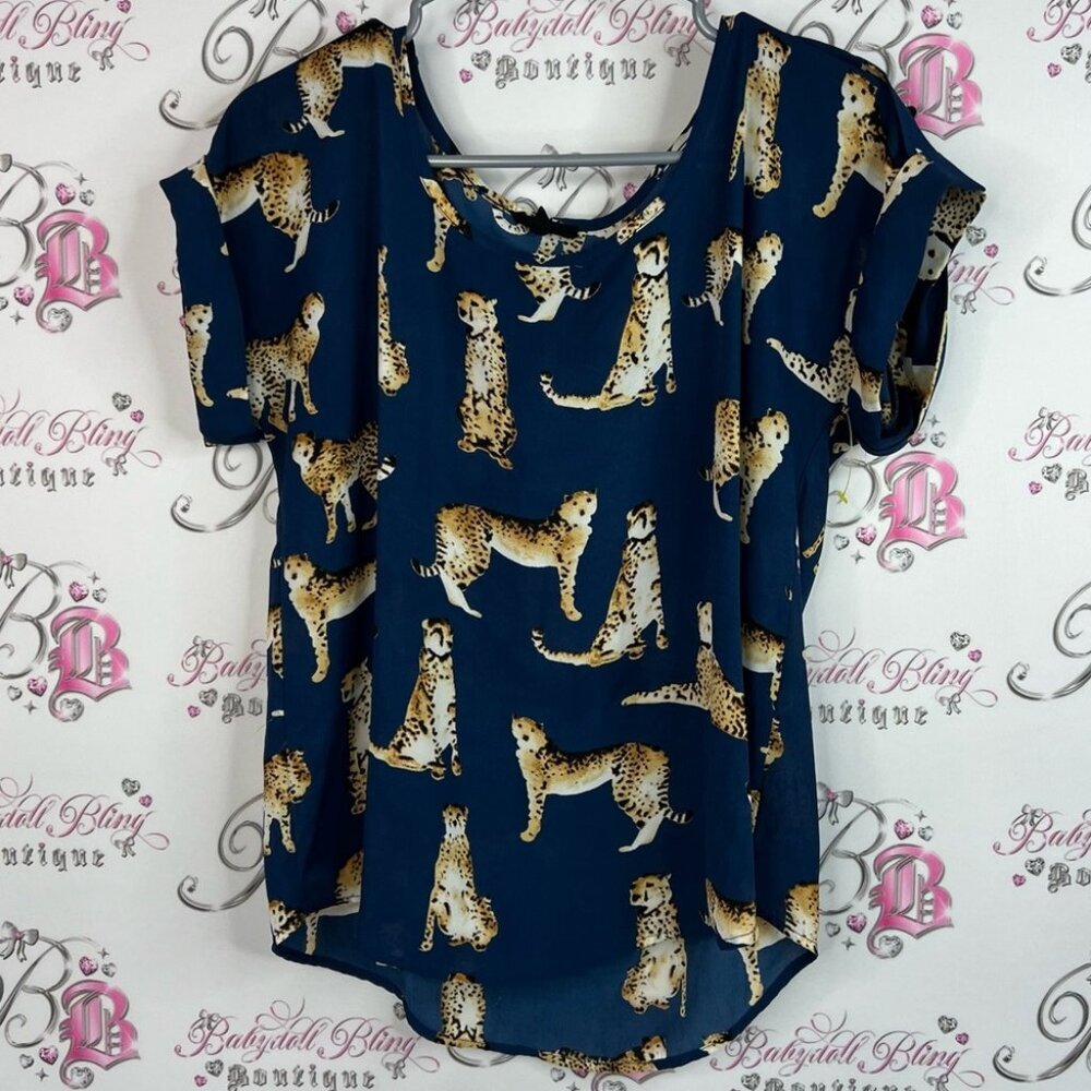 Mine tshirt cheetah 🐆 Leopard Print Navy Blue Women's Top button shoulder